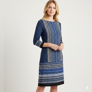 Vince Camuto Shift Dress Sz 10 Womens Blue White Geo Print Knee Length NEW